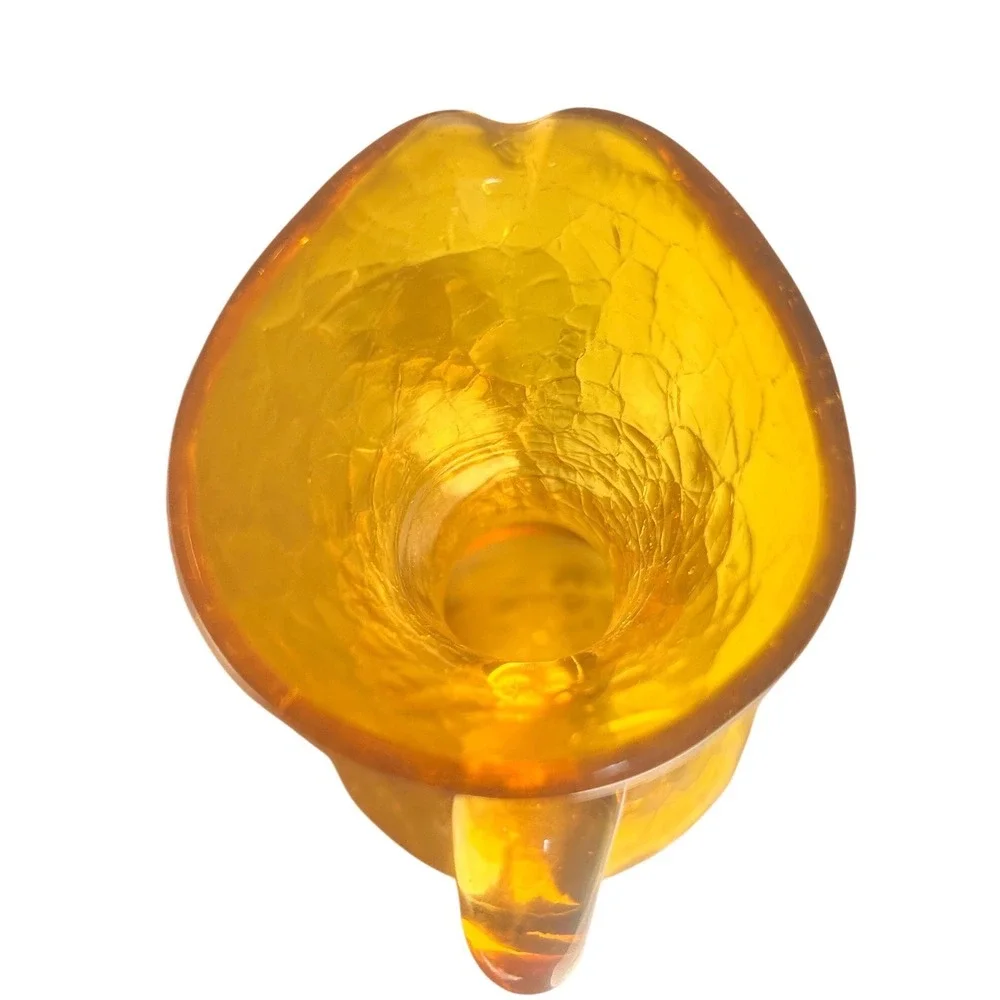 Vintage Amber Crackle Glass Pitcher Small Hand Blown‎ Decorative Vase Gold 5.5
